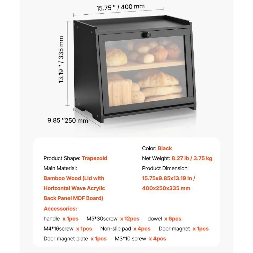 Farmhouse Double Deck Bread Box for Kitchen Countertop, Bamboo Wooden Bread Storage Container with Acrylic Door, Ventilated Bread Keeper Organizer