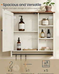 Farmhouse Wall Cabinet 23.6 Inch Storage Organizer with Door Open Shelves Towel Rod Hooks for Bathroom Kitchen Laundry Room