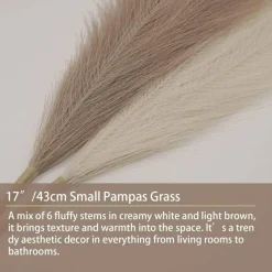 Faux Pampas Grass Decor, 6 Stems 17 Inch Artificial Pampas Grass, Fluffy Silk Pompas Floral Stems in Beige & Light Brown, Boho Room Decor for Living Room, Bedroom, Wedding, Christmas & DIY Arrangements
