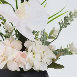 Faux Phalaenopsis Orchid in Black Vase – Artificial Flowers Decor