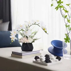 Faux Phalaenopsis Orchid in Black Vase – Artificial Flowers Decor