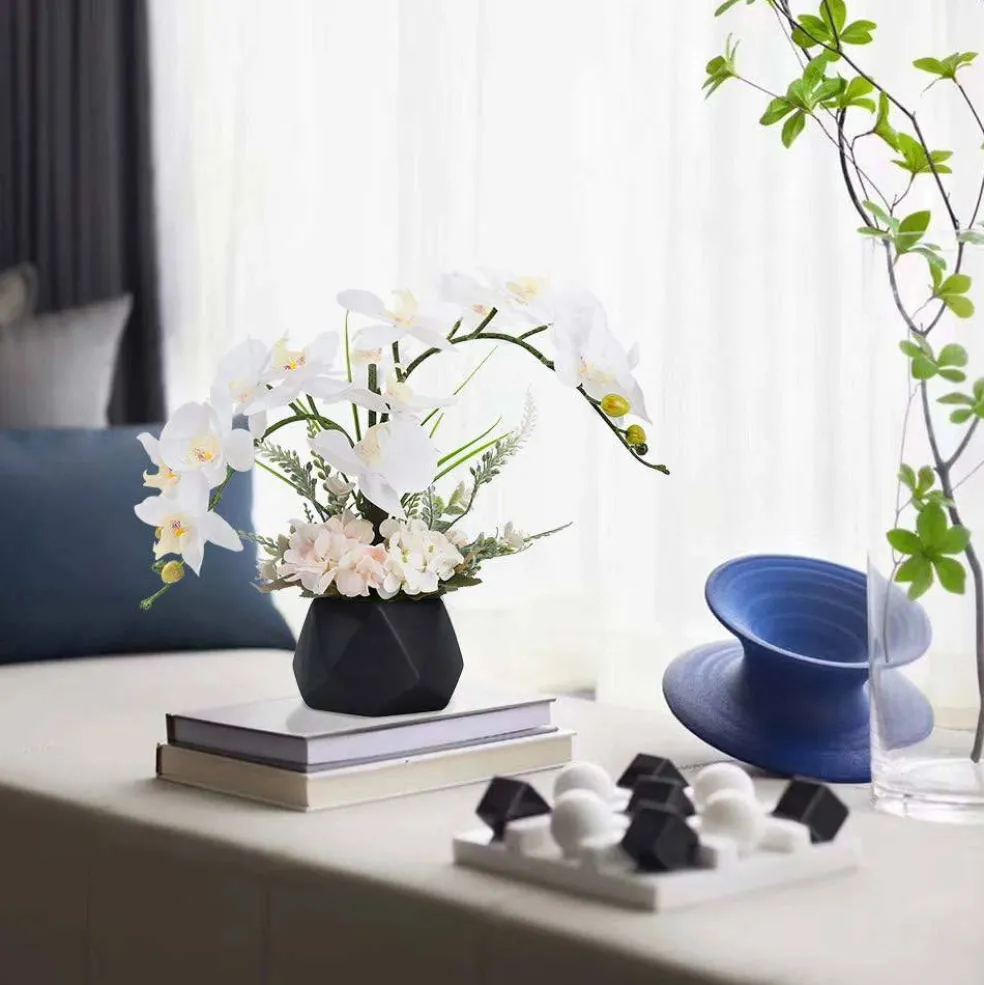 Faux Phalaenopsis Orchid in Black Vase – Artificial Flowers Decor