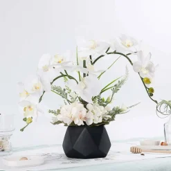 Faux Phalaenopsis Orchid in Black Vase – Artificial Flowers Decor