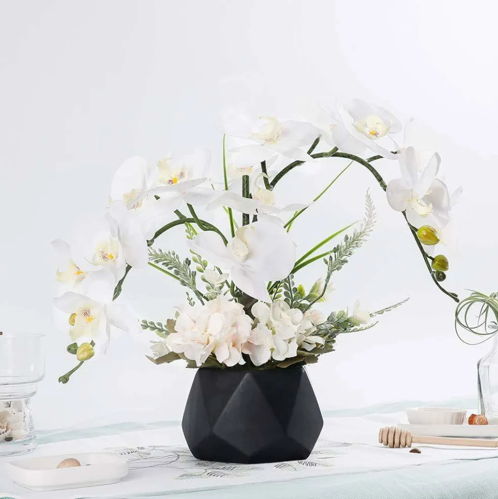 Faux Phalaenopsis Orchid in Black Vase – Artificial Flowers Decor