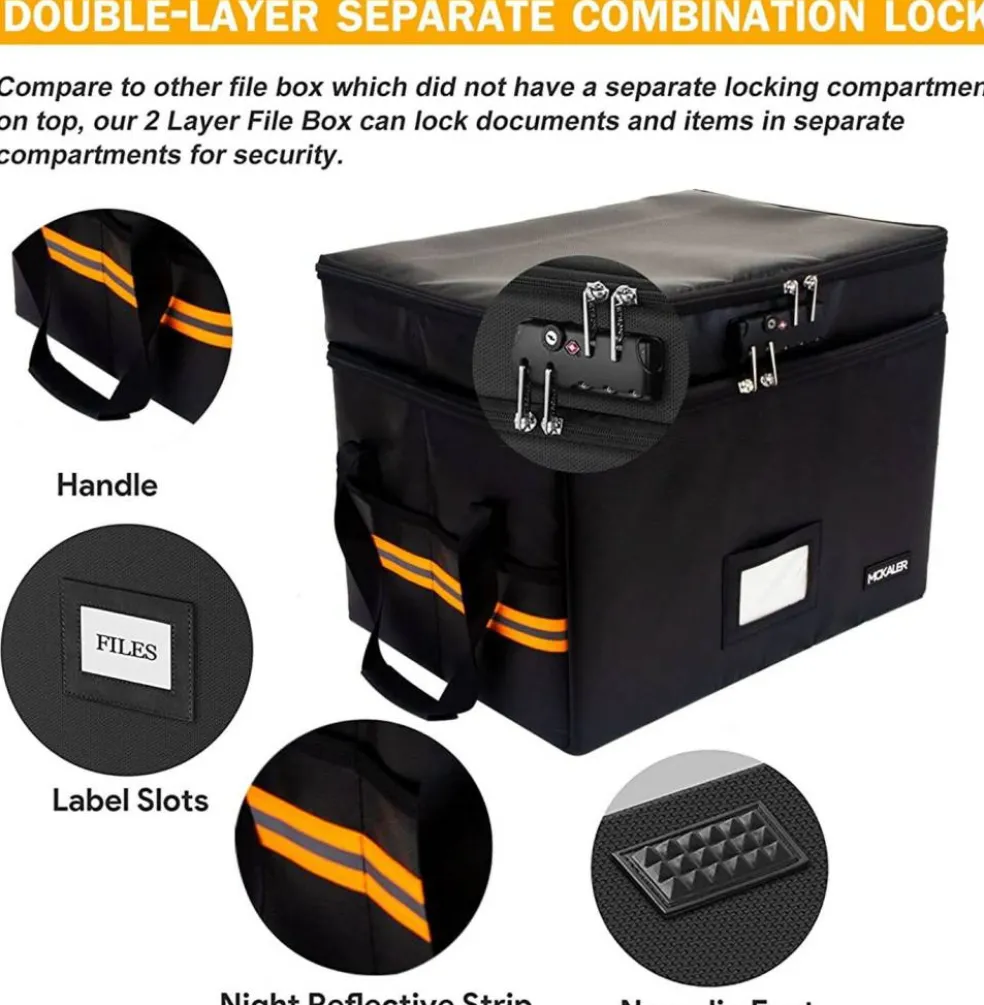 Fireproof Document File Box with Lock | Water resistant Organizer | Portable Collapsible Storage Cabinet