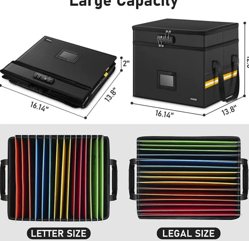 Fireproof Document File Box with Lock | Water resistant Organizer | Portable Collapsible Storage Cabinet