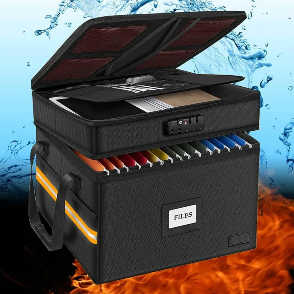 Fireproof Document File Box with Lock | Water resistant Organizer | Portable Collapsible Storage Cabinet