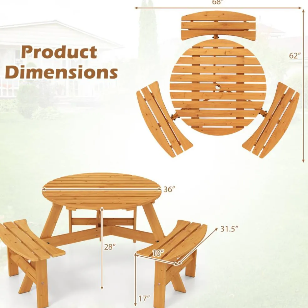 Fir Wood Round Picnic Table Set with 3 Benches and Umbrella Hole