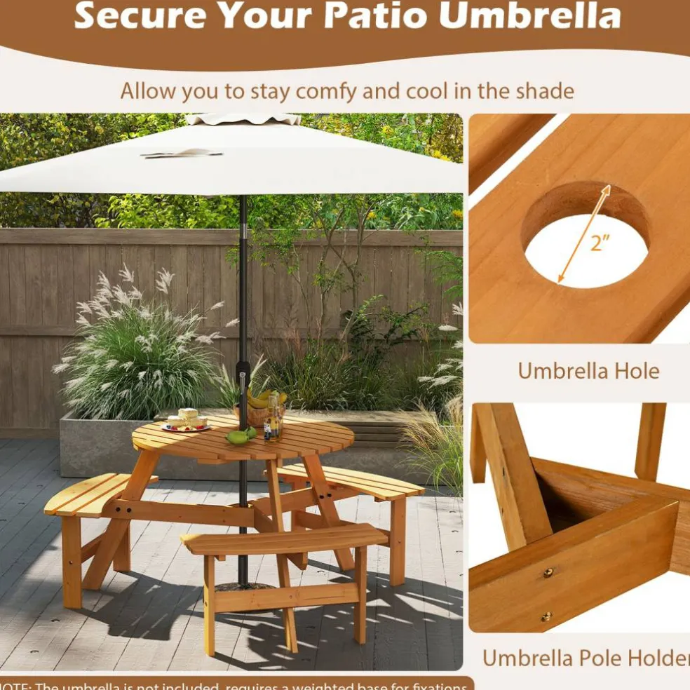 Fir Wood Round Picnic Table Set with 3 Benches and Umbrella Hole