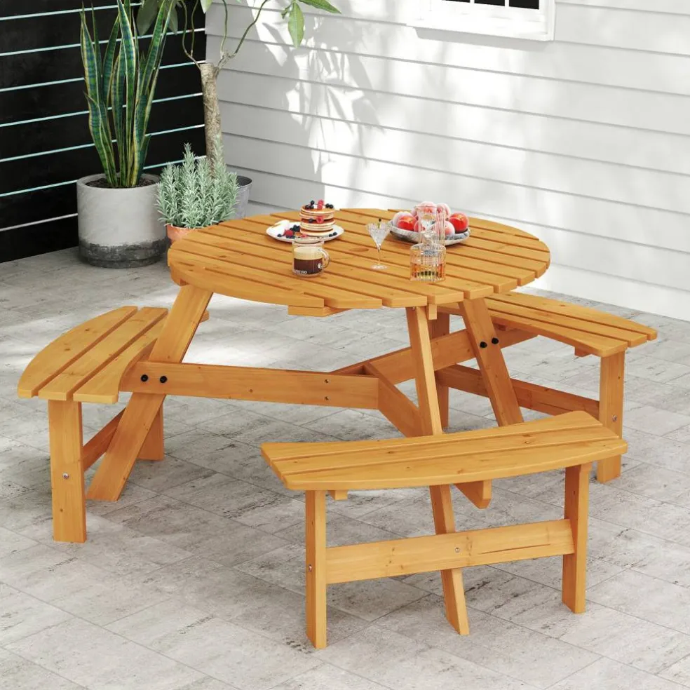 Fir Wood Round Picnic Table Set with 3 Benches and Umbrella Hole