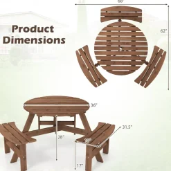 Fir Wood Round Picnic Table Set with 3 Benches and Umbrella Hole