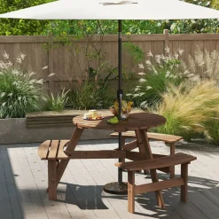 Fir Wood Round Picnic Table Set with 3 Benches and Umbrella Hole