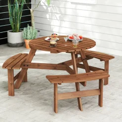 Fir Wood Round Picnic Table Set with 3 Benches and Umbrella Hole