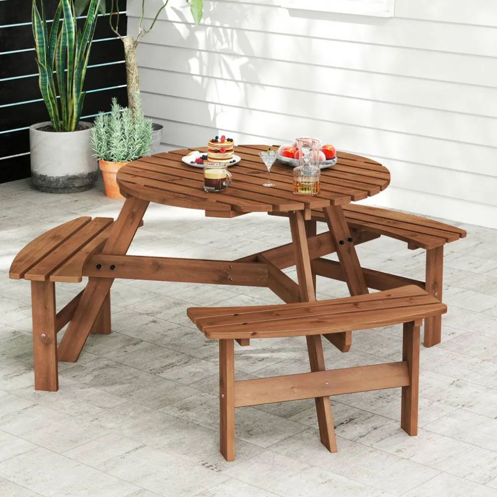 Fir Wood Round Picnic Table Set with 3 Benches and Umbrella Hole