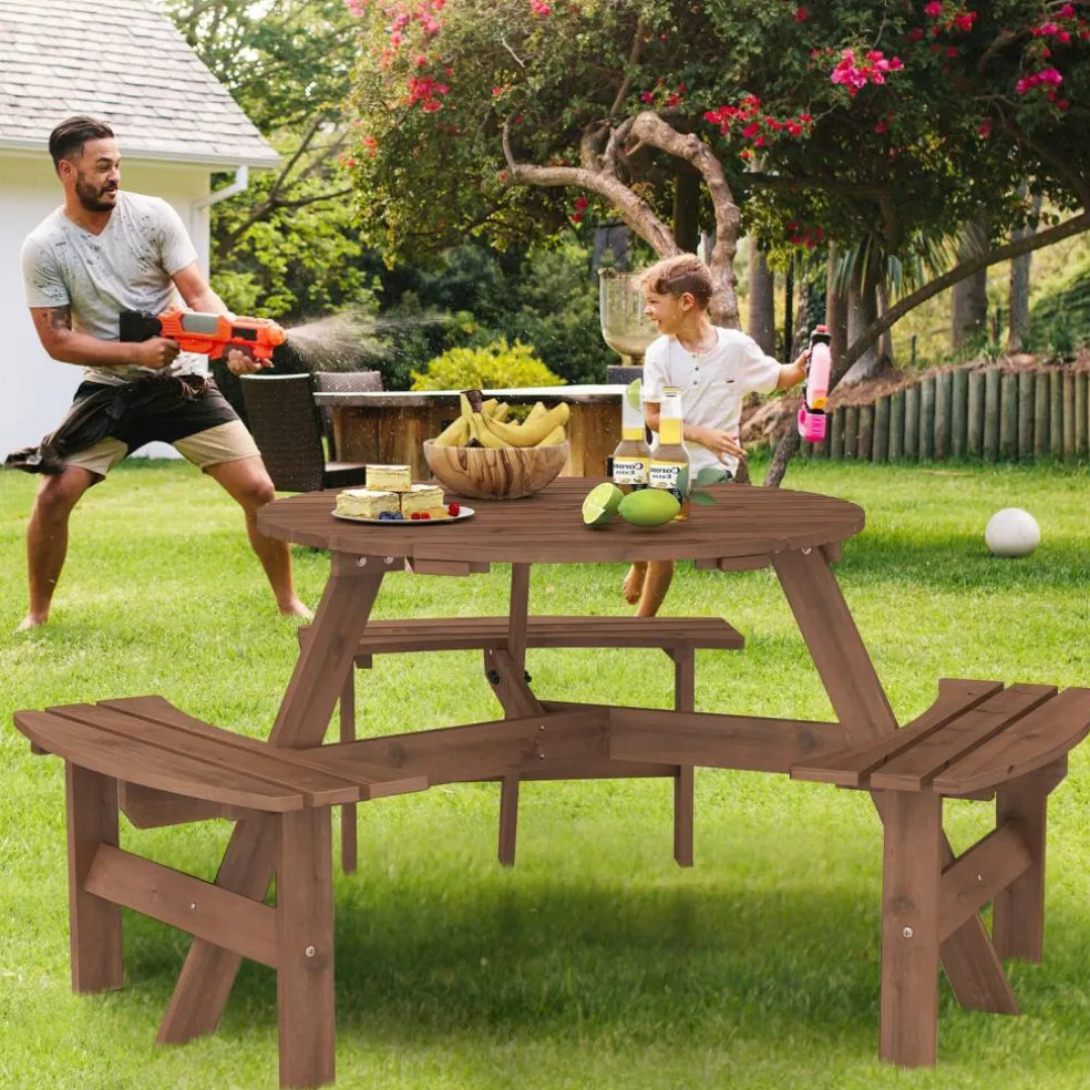 Fir Wood Round Picnic Table Set with 3 Benches and Umbrella Hole