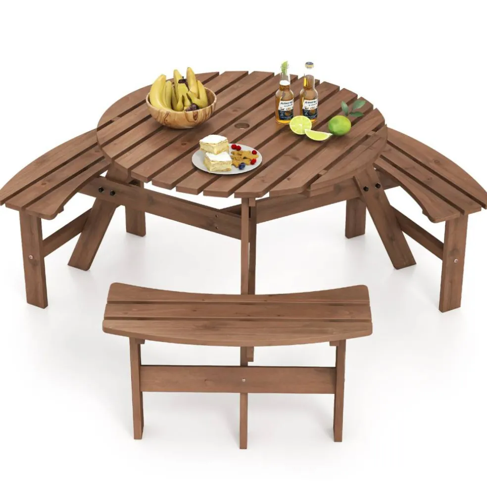 Fir Wood Round Picnic Table Set with 3 Benches and Umbrella Hole