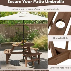 Fir Wood Round Picnic Table Set with 3 Benches and Umbrella Hole