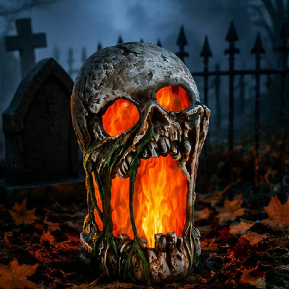 12" Flaming Rotted Skull Animated Prop Tabletop Halloween Decor