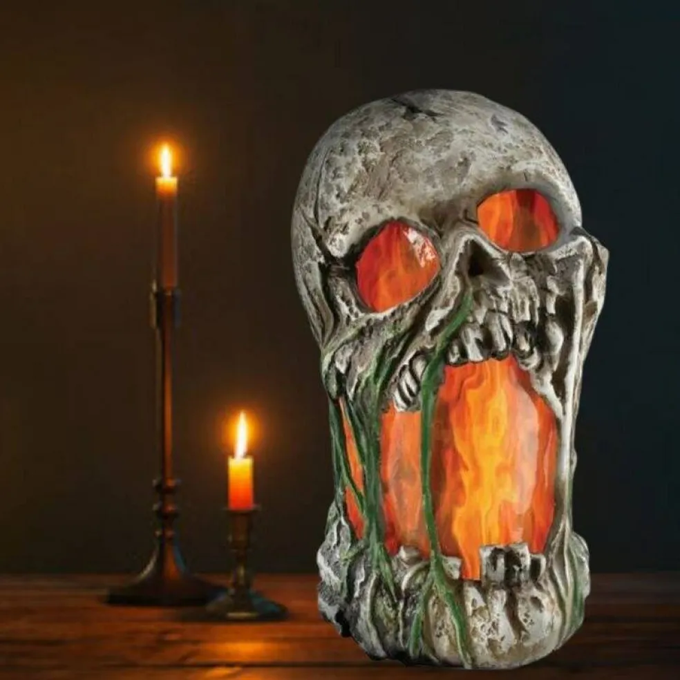 12" Flaming Rotted Skull Animated Prop Tabletop Halloween Decor