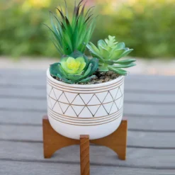 Flora Bunda 5" White Gold Geo Planter With Wood Stand