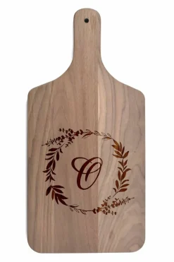 Floral Wreath Monogram Walnut Paddle Cutting Board