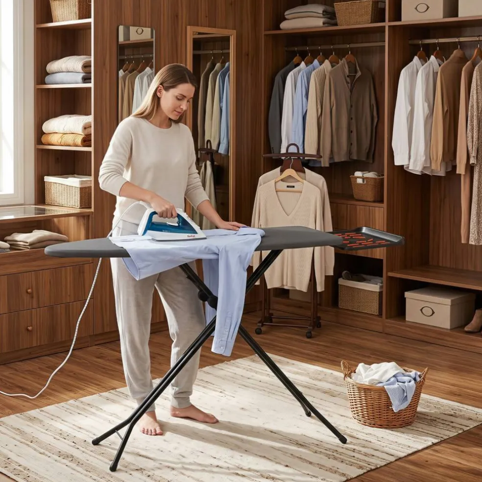 Foldable Ironing Board, Grey Adjustable Height Steam Ironing Table with 48" x 18" Surface, Integrated Iron Holder, Steel Frame and Non-Slip Feet