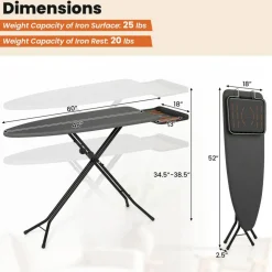 Foldable Ironing Board, Grey Adjustable Height Steam Ironing Table with 48