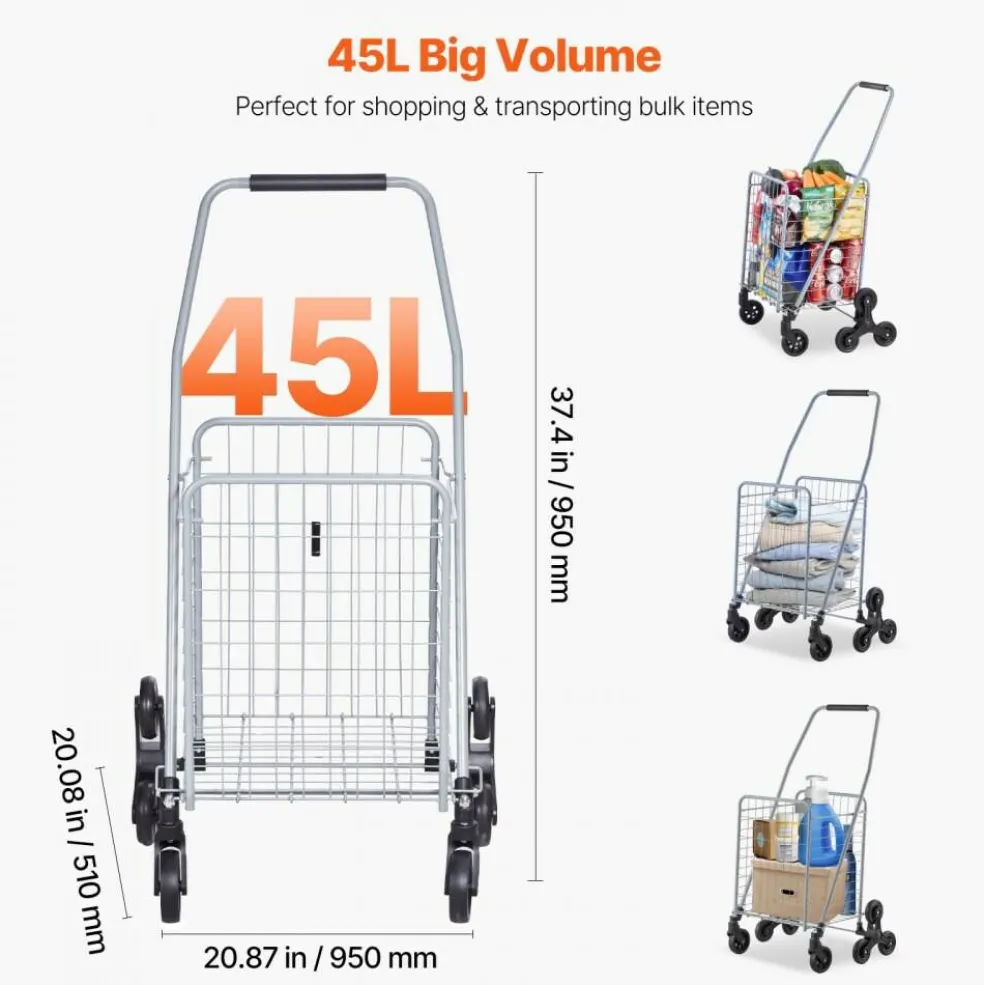 Foldable Stair Climber Cart 6 Wheel Shopping Trolley 45L Heavy Duty