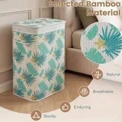 Foldable Wicker Laundry Hamper with Lid, 19 Gal Clothes Basket with Removable Washable Liner, Side Handles for Bedroom and Bathroom Storage