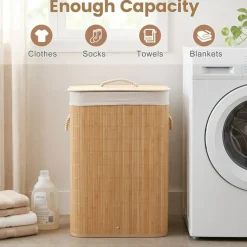 Foldable Wicker Laundry Hamper with Lid, 19 Gal Clothes Basket with Removable Washable Liner, Side Handles for Bedroom and Bathroom Storage