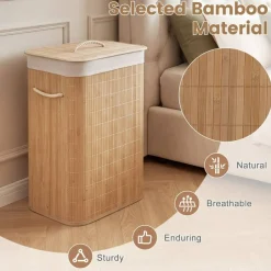 Foldable Wicker Laundry Hamper with Lid, 19 Gal Clothes Basket with Removable Washable Liner, Side Handles for Bedroom and Bathroom Storage