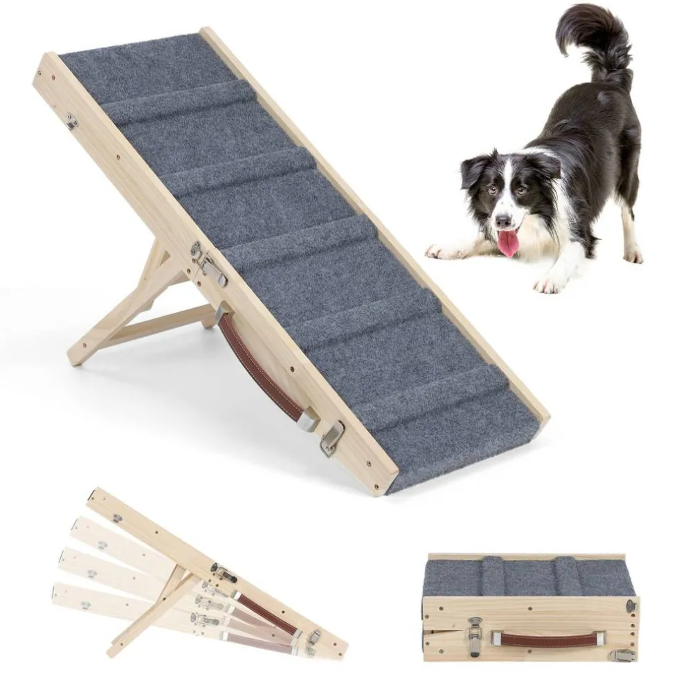 Folding Adjustable Wood Dog Ramp, Non-Slip Pet Ramp for Bed Sofa