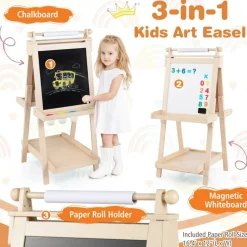 Folding Kids Easel, Double-Sided Adjustable Art Easel with Chalkboard and Magnetic Whiteboard, 3-Level Height, Paper Roll and Storage Trays, Ages 3+