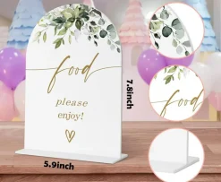 Food Signs for Party, Greenery Gold Acrylic Wedding Sign with Base, 5.9x7.8 Inch Dessert Bar Table Decor, Bridal Shower Decorations, Engagement Party and Reception Supplies
