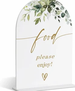 Food Signs for Party, Greenery Gold Acrylic Wedding Sign with Base, 5.9x7.8 Inch Dessert Bar Table Decor, Bridal Shower Decorations, Engagement Party and Reception Supplies