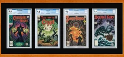 Four Graded Comic Book Shadowbox 42.75 x 19 Light Oak Horizontal With Black Mat - Quad Slabbed