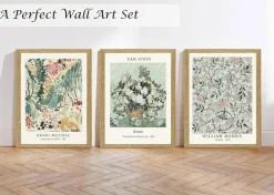 Framed Sage Green Vintage Wall Art Set of 3 Canvas Prints Mid Century Modern Botanical Matisse Van Gogh Inspired Abstract Floral Posters Boho Home Decor for Living Room Bedroom Bathroom 12x16