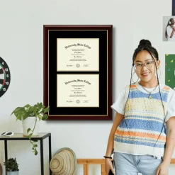 Framerly - 11"w x 8.5"h Double Document Diploma Frame - Solid Hardwood Moulding with Cherry Lacquer Finish and Black and Gold Matting