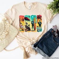 Frankenstein's Beach Vacation T-Shirt, Retro Neon Surf Style Tee for Horror Fans with Summer Vibes