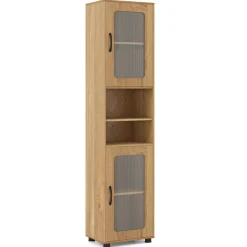 Freestanding 67 Inch Tall Storage Cabinet with Fluted Doors, Adjustable Shelf & Anti Tip Design, Narrow Bathroom Kitchen Organizer Unit Black/Natural/White