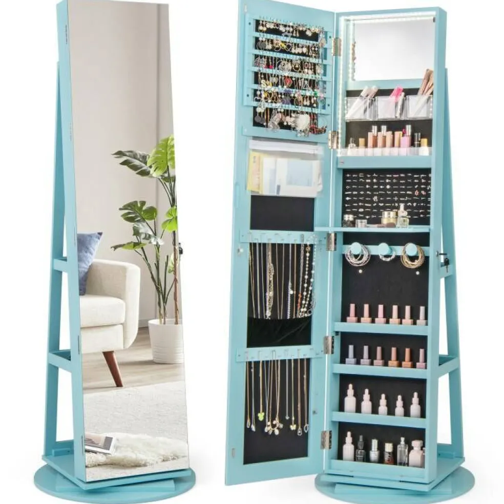 Freestanding Jewelry Armoire with Mirror Lockable LED Lights Swivel Base