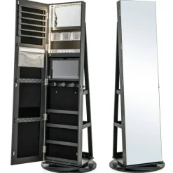 Freestanding Jewelry Armoire with Mirror Lockable LED Lights Swivel Base