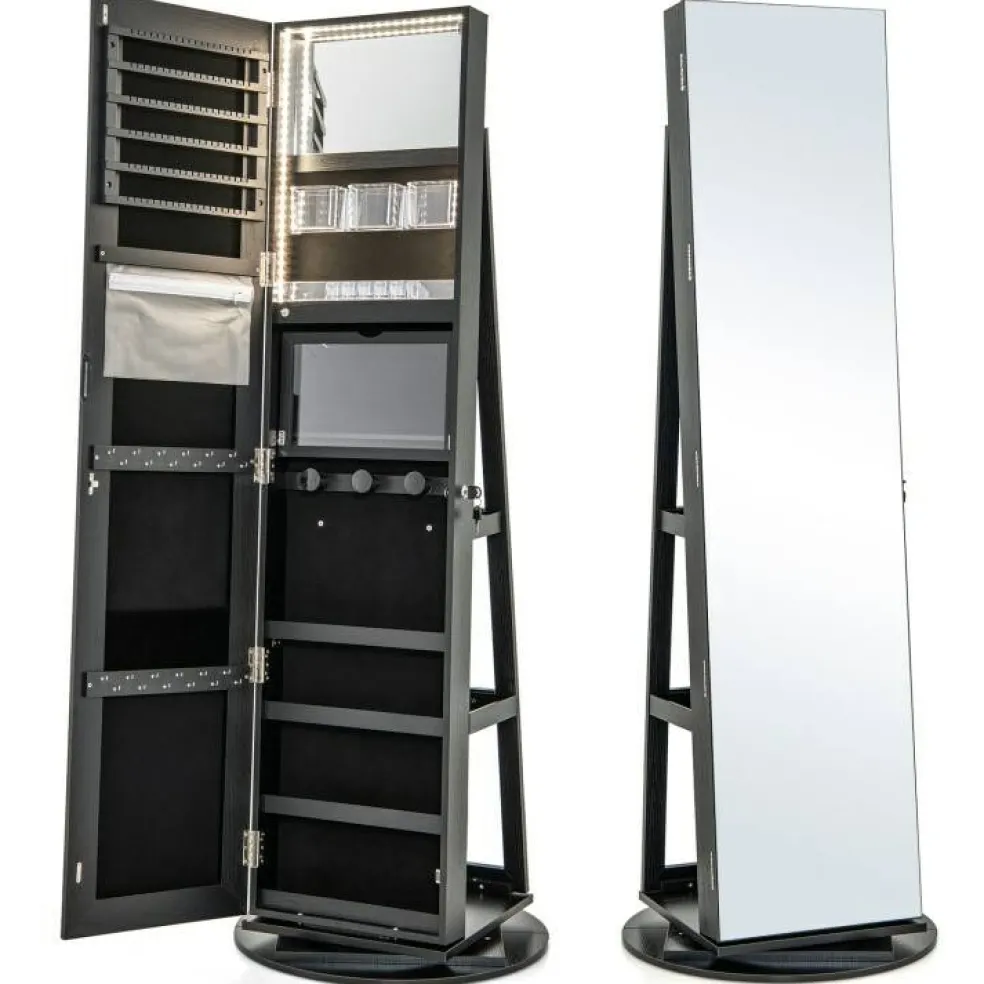 Freestanding Jewelry Armoire with Mirror Lockable LED Lights Swivel Base