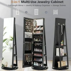 Freestanding Jewelry Armoire with Mirror Lockable LED Lights Swivel Base