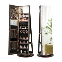 Freestanding Jewelry Armoire with Mirror Lockable LED Lights Swivel Base