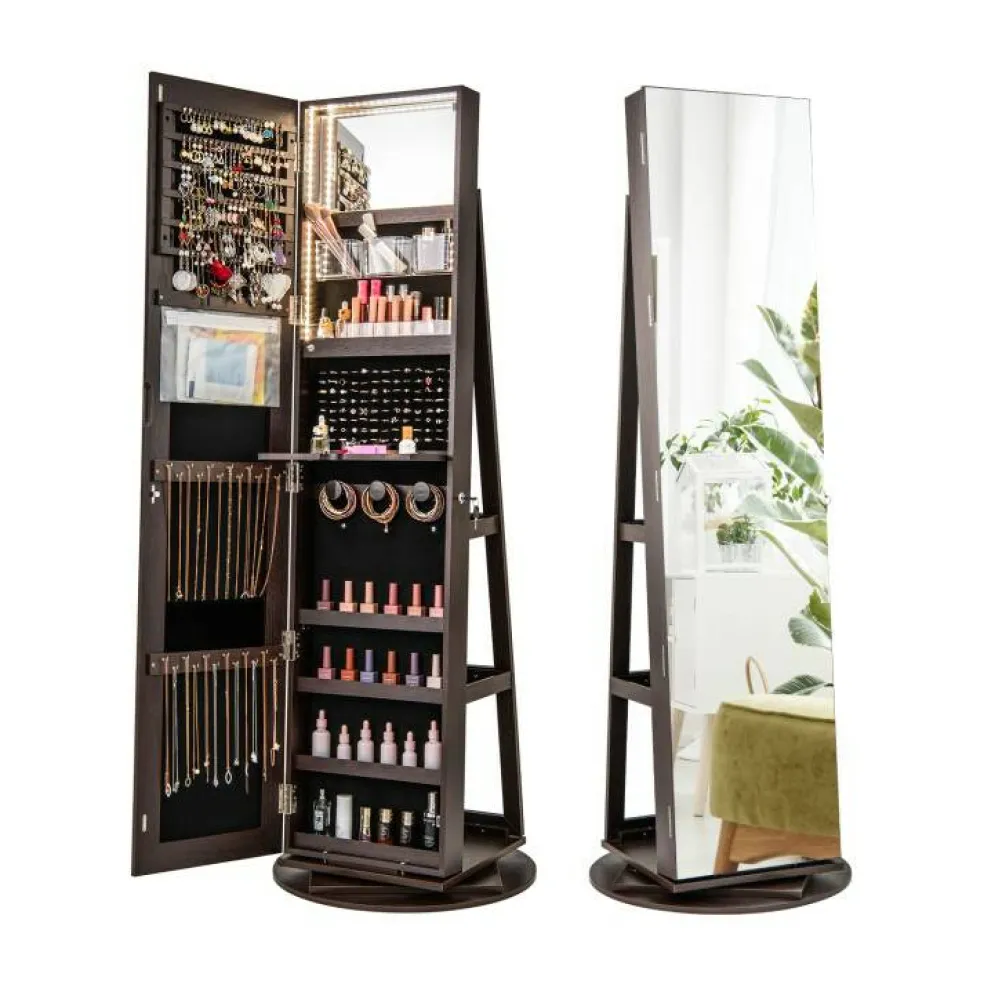 Freestanding Jewelry Armoire with Mirror Lockable LED Lights Swivel Base