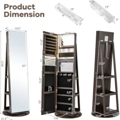 Freestanding Jewelry Armoire with Mirror Lockable LED Lights Swivel Base