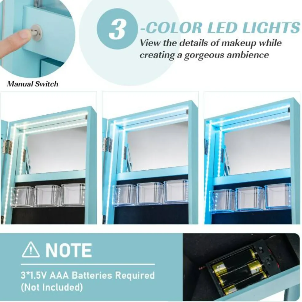 Freestanding Jewelry Armoire with Mirror Lockable LED Lights Swivel Base