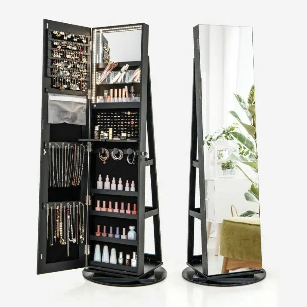 Freestanding Jewelry Armoire with Mirror Lockable LED Lights Swivel Base