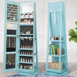 Freestanding Jewelry Armoire with Mirror Lockable LED Lights Swivel Base